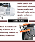 Heavy Duty Belt Sander Grinder With Variable Speed Setup And Real Deal Copper Motor, Knockout Bench Top Sander for Quick Deburring, showing motor and handle.