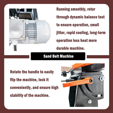 Heavy Duty Belt Sander Grinder With Variable Speed Setup And Real Deal Copper Motor, Knockout Bench Top Sander for Quick Deburring, showing motor and handle.