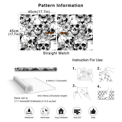 Dope Gothic Peel And Stick Wallpaper With Sugar Skull Floral Pattern For Bedroom In Black And White Removable Accent Wall Decor Durable Vinyl Easy To Install And Renters Friendly 17.7 Inch By 9.8 Foot pattern instructions and roll dimensions