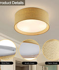 Modern 3 Light Flush Mount Ceiling Light With Fabric And Acrylic Double Drum Shade In Flaxen shown with metal base and acrylic cover.