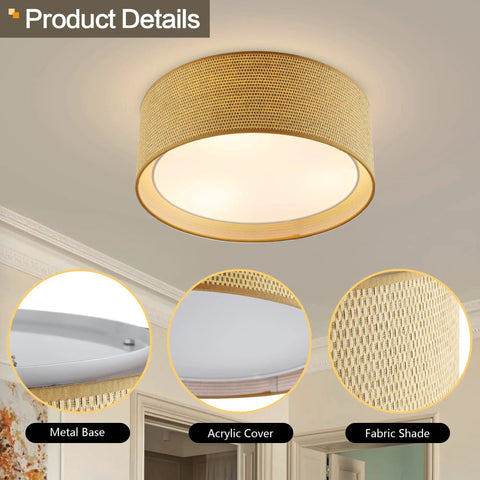 Modern 3 Light Flush Mount Ceiling Light With Fabric And Acrylic Double Drum Shade In Flaxen shown with metal base and acrylic cover.