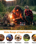 Man and boy lighting a campfire using 64 Mini Square Natural Pine Fire Starters for BBQ and Campfire, forest background.