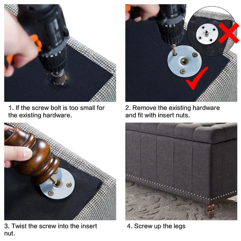 Step-by-step installation of Six Inch Wood Furniture Legs Set Of 4 Adjustable Leveling Feet Round Brown Replacement For Sofa