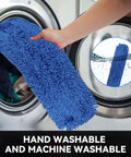 Heavy Duty 48 Inch Blue Microfiber Dust Mop Head Replacement Three Pack For Commercial Floors shown being washed.