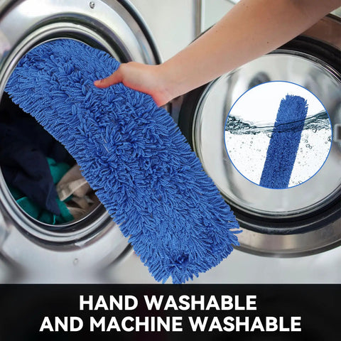 Heavy Duty 48 Inch Blue Microfiber Dust Mop Head Replacement Three Pack For Commercial Floors shown being washed.