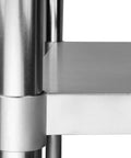 Close-up of No Brainer Stainless Steel Workbench With Backsplash 24 By 30 Inches NSF Certified Durable Top and shelf support
