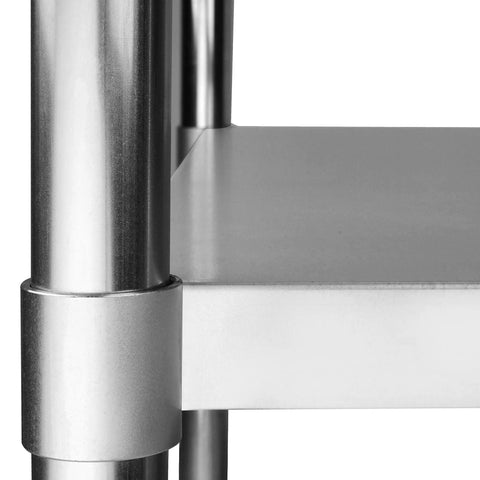 Close-up of NSF Certified Stainless Steel Workbench 24x36 Inch Heavy Duty Beast Mode Top, galvanized leg and metal shelf corner.