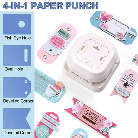 4 In 1 Multi Shape Paper Punch With Oval Fish Eye Dovetail And Beveled Corners Ultimate Diy Craft Cutter showing different paper shapes and tags.