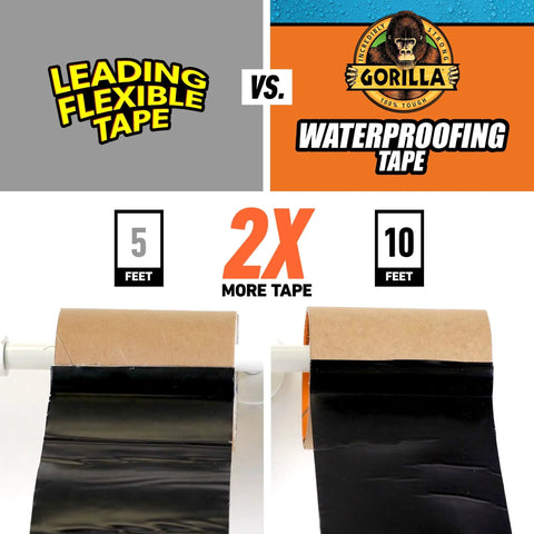Waterproof Patch And Seal Tape Black 4 Inch By 10 Feet Heavy Duty Repair Tape Pack Of 4 comparison showing roll length