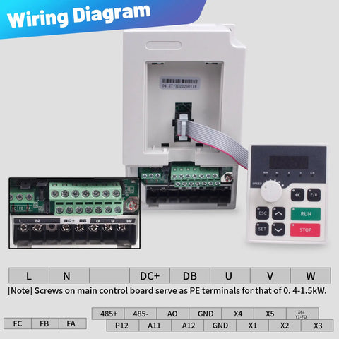Wiring diagram for CNC Spindle Motor Kit 2.2KW Air Cooled ER20 showing control board and VFD converter connections.