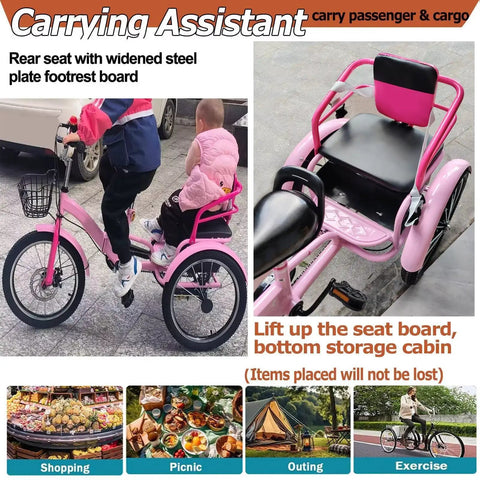 Folding Tricycle With Rear Passenger Seat For Adults, Three Wheel Pedal Rickshaw with widened footrest, pink frame, black backrest