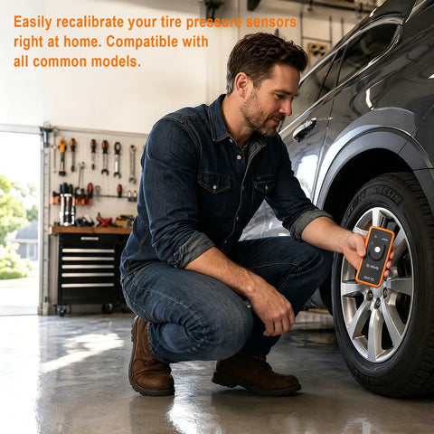 Pro TPMS Reset Tool For Fast Tire Pressure Sensor Activation And One Button Relearn designed for easy use on car tires.