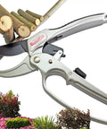Ratcheting Pruning Shears 8 Inch Heavy Duty Garden Pruner With Anvil Cutter for Thick Branches, soft non-slip grip, in use.