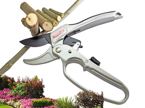 Ratcheting Pruning Shears 8 Inch Heavy Duty Garden Pruner With Anvil Cutter for Thick Branches, soft non-slip grip, in use.