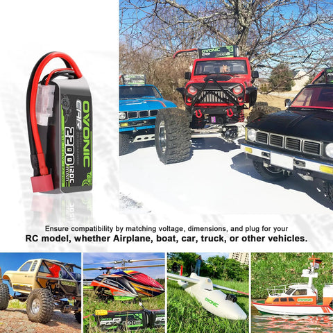 Collage of RC vehicles with 3S 11.1V 2200mAh RC LiPo Battery Pack 120C With Dean T Plug Dual Pack