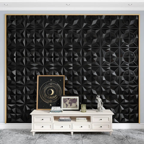 3D Wall Panels Black Textured PVC Tiles, 19.7 By 19.7 Inches, Pack Of 12 Covering 32 Sq Ft, Easy DIY Install on living room wall
