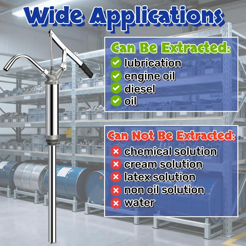 No Frills Heavy Duty Lever Action Drum Pump For 5 To 55 Gallon Drums displayed with examples of fluid extraction capabilities.
