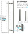 Diagram of Heavy Duty 18 Inch Stainless Steel Door Pull Handle Built Tough With Solid Mounting Standoffs For Commercial Use Gate And Shower Doors 304 Stainless Brushed Nickel Finish Rust Resistant Easy Install, showing dimensions and accessories.