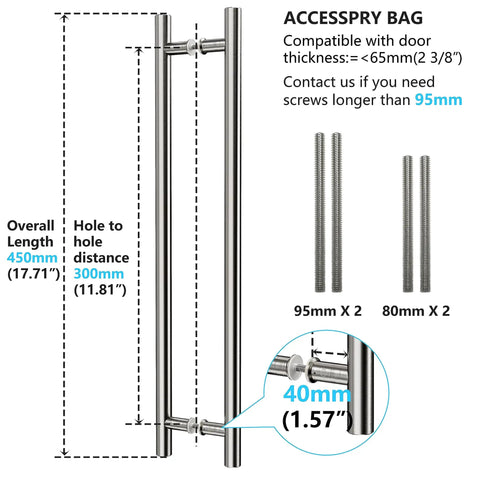 Diagram of Heavy Duty 18 Inch Stainless Steel Door Pull Handle Built Tough With Solid Mounting Standoffs For Commercial Use Gate And Shower Doors 304 Stainless Brushed Nickel Finish Rust Resistant Easy Install, showing dimensions and accessories.