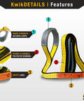 Front view of KwikSafety Mighty Sumo 1in x 8ft polyester web lifting sling; yellow with gray loops and orange tag