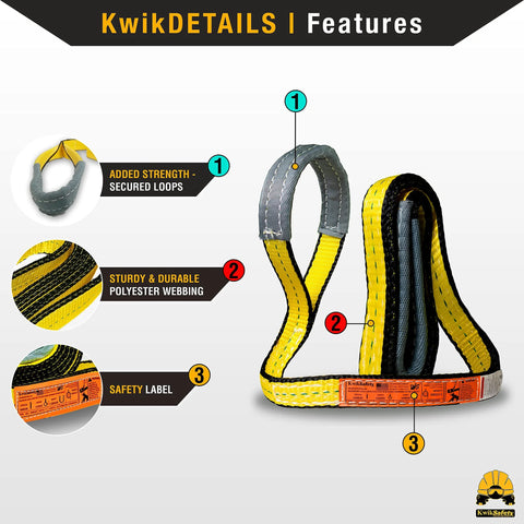 Front view of KwikSafety Mighty Sumo 1in x 8ft polyester web lifting sling; yellow with gray loops and orange tag