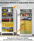 71 Inch Tall Metal Garage Storage Cabinet On Wheels With Two Doors And Four Adjustable Shelves Built Tough For Home Office Garage Or Warehouse Use White, showing contents inside with wheels attached and removed for versatility.