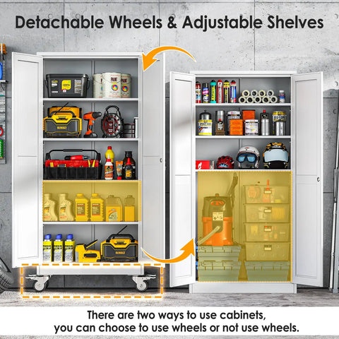 71 Inch Tall Metal Garage Storage Cabinet On Wheels With Two Doors And Four Adjustable Shelves Built Tough For Home Office Garage Or Warehouse Use White, showing contents inside with wheels attached and removed for versatility.