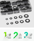 Internal Tooth Starlock Locking Washers Set 340 Pcs Including Push On Speed Clips Fasteners Assortment Kit 65Mn Black Gaskets