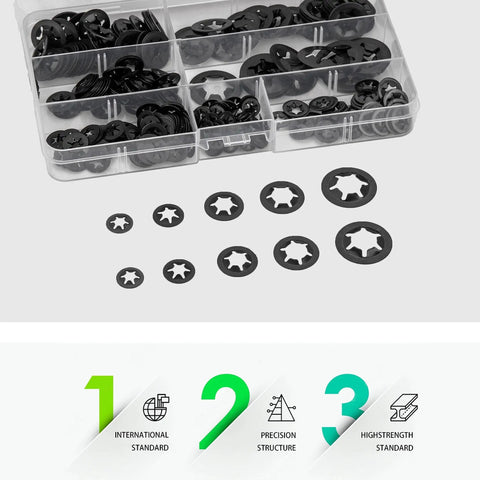 Internal Tooth Starlock Locking Washers Set 340 Pcs Including Push On Speed Clips Fasteners Assortment Kit 65Mn Black Gaskets