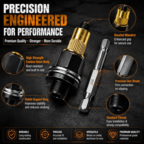 Heavy Duty Rivet Nut Tool Kit For M3 Through M12 77 Piece Carbon Steel Threaded Insert Set with knurled mandrel and hex shank.