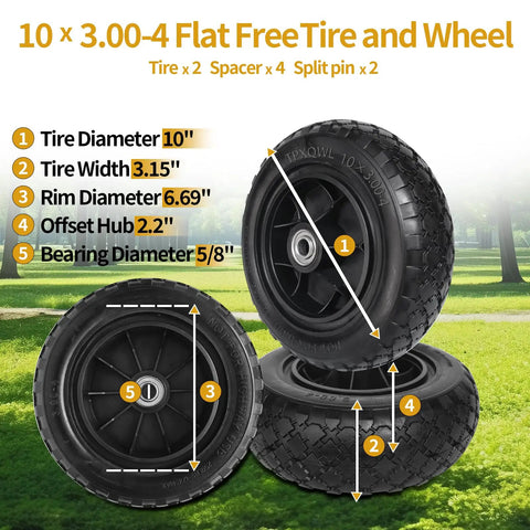 Flat Free Ten Inch Tire And Wheel Assembly With Three Point Zero Zero To Four Tire Size, Five Eighths Bearings, Two Point Two Inch Offset Hub, Replacement Solid Wheel Set For Hand Trucks, Utility Carts, Wagons, Hose Reel Carts, Two Pack