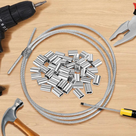Heavy Duty Aluminum Crimping Loop Sleeve For Wire Rope And Cable Ends One Quarter Inch Six Millimeter Ferrules Crimp Sleeves For Cable Line Ends Durable Marine Outdoor Gear 50 Pack with wire rope and tools