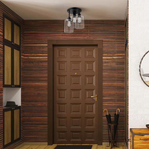Three Light Bronze Semi Flush Mount Ceiling Light With Seeded Glass Shades in rustic entryway decor setting