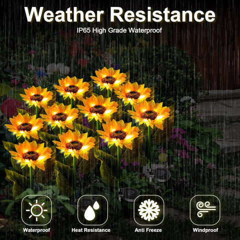 16 Pack Solar Sunflower Garden Lights LED Solar Powered Waterproof Stakes showcasing weather resistance outdoors