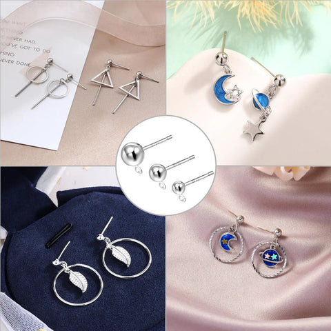 Sterling Silver Earring Posts For DIY Jewelry Making Pro Grade 3 Sizes S925 Ball Post Studs With Loop And Clear Earring Backs Hypoallergenic Ear Findings Kit Bundle For Jewelry Crafting And Bead Work showing silver stud earrings in different charm designs