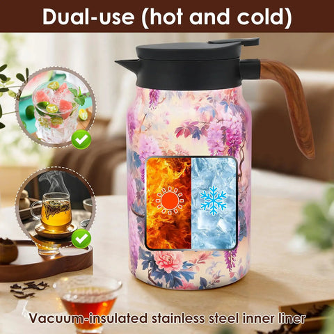 Floral Pattern Teapot With Wood Handle, Insulated Stainless Steel Thermal Teapot With Infuser, V Shape Mouth For Loose Leaf Tea, 50.73 Oz, Keeps Tea Hot, Easy Pour, Lid Included, Elegant Vintage Kitchen Decor shown on table with ice and tea visuals