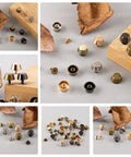 Thirty Pack Screw Back Rivet Studs Zinc Alloy Nail Head hardware in assorted colors for leatherwork projects.