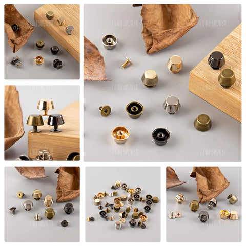 Thirty Pack Screw Back Rivet Studs Zinc Alloy Nail Head hardware in assorted colors for leatherwork projects.