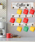 Rustic Wall Mounted Coffee Mug Holder With 12 Cup Hangers Farmhouse Wood Cup Organizer in kitchen with colorful mugs