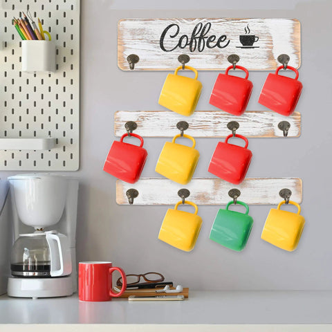Rustic Wall Mounted Coffee Mug Holder With 12 Cup Hangers Farmhouse Wood Cup Organizer in kitchen with colorful mugs