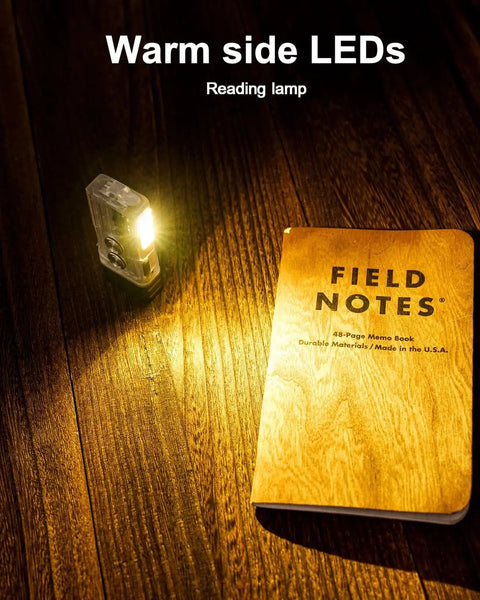 Angel Eyes E8 Keychain Flashlight 700 Lumens USB C Rechargeable EDC Light illuminating notebook on wood table