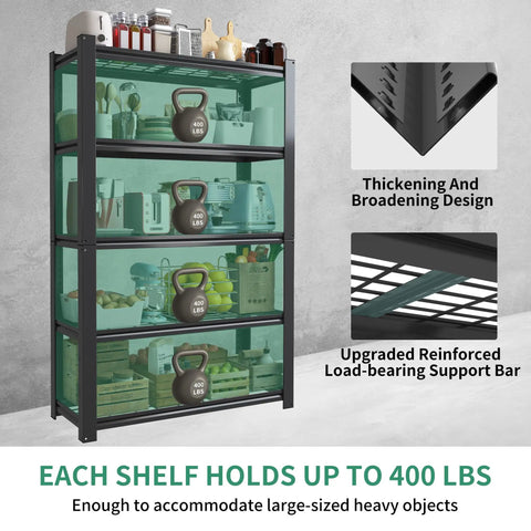 72 Inch Tall 5 Tier Adjustable Heavy Duty Metal Mesh Shelving Rack With Beefed Up Reinforced Steel Frame Supporting 400 Pounds Per Shelf stacked with kitchen items and weights.