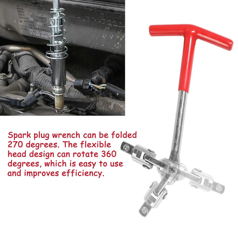 T Handle Spark Plug Socket Wrench Set With Universal Spark Plug Remover showing flexible head design and red handle