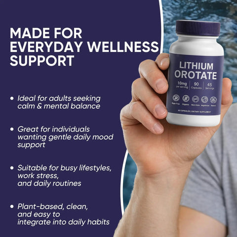 Hand holding a bottle of 10mg Lithium Orotate Anxiety And Mood Support Capsule For Stress Relief And Chill Mood Boost Vegan Non-GMO Gluten Free Formula Brain Health Boost 90 Easy To Swallow Capsules For Daily Wellness.