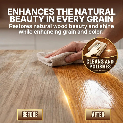Native Bee Wax Wood Polish And Conditioner Blended With Bright Orange Oil applied to wood, restoring deep color and shine in 8 oz.