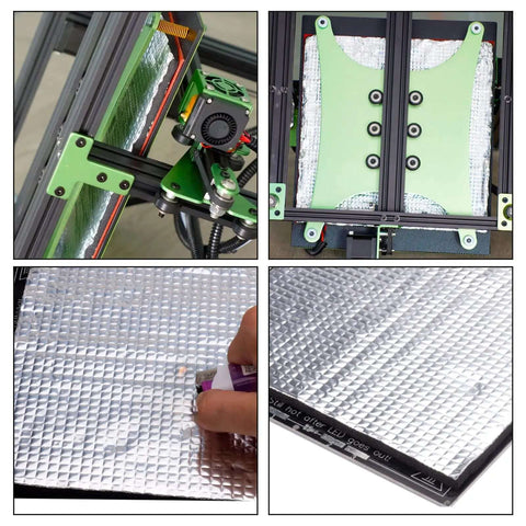 Collage showing 2 Pack Heated Bed Insulation Mats for 3D Printers 220x220x8mm with close-up on foam foil texture and application on printer bed.