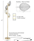 Industrial Gold Floor Lamp With 4 Black Leaf Shades, Modern Tree Style Standing Lamp, labeled dimensions and bulb details.