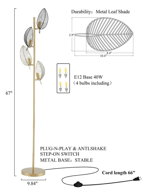 Industrial Gold Floor Lamp With 4 Black Leaf Shades, Modern Tree Style Standing Lamp, labeled dimensions and bulb details.