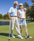 Two Pack Golf Ball Retriever Set Aluminum Alloy 38.6 Inch Ball Collector Grabber Silver Finish in use by two golfers on course