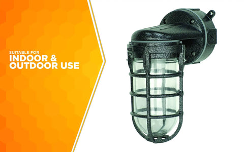 Wall Mount Light In Hammered Black Finish With Die Cast Aluminum Cage Built Tough 100 Watt Incandescent Rugged Industrial Design